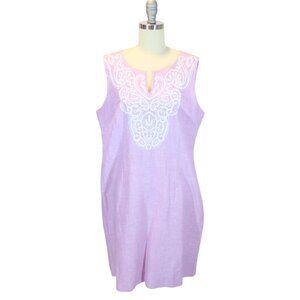 Talbots Lavender Sleeveless Linen Dress with White Embroidered Yoke